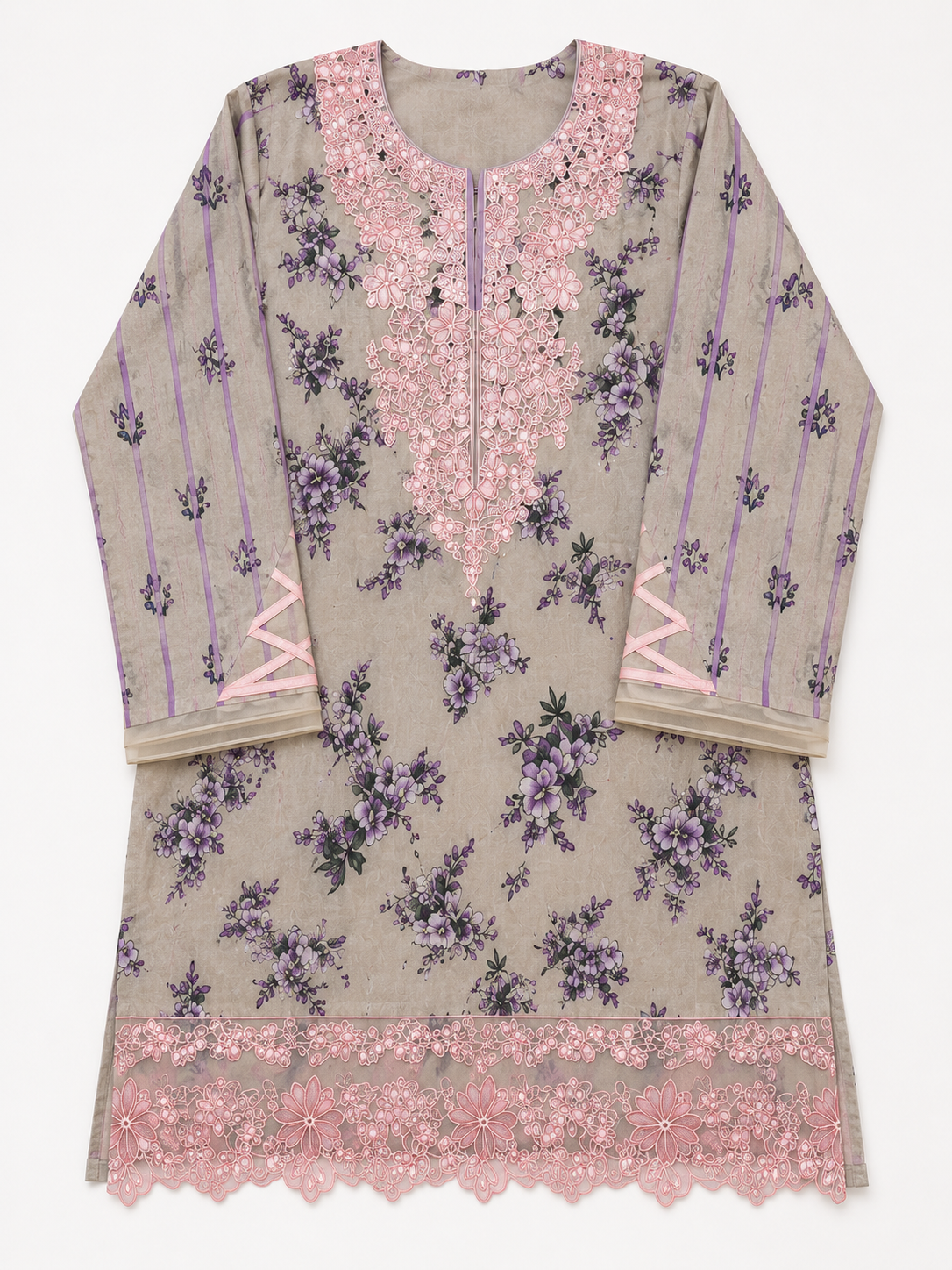 ZAROORI Sand Lilac Cotton Printed Pakistani 3-Piece Suit – Floral Print with Contrast Purple Dupatta | Article No: ZR-847 ZAROORI