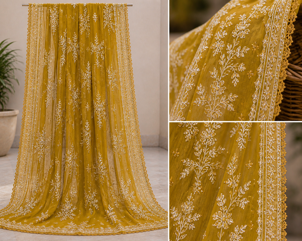 ZAROORI Mustard Gold Cotton Embroidered Pakistani 3-Piece Suit – Ivory Thread Work with Embroidered Dupatta | Article No: ZR-622 ZAROORI