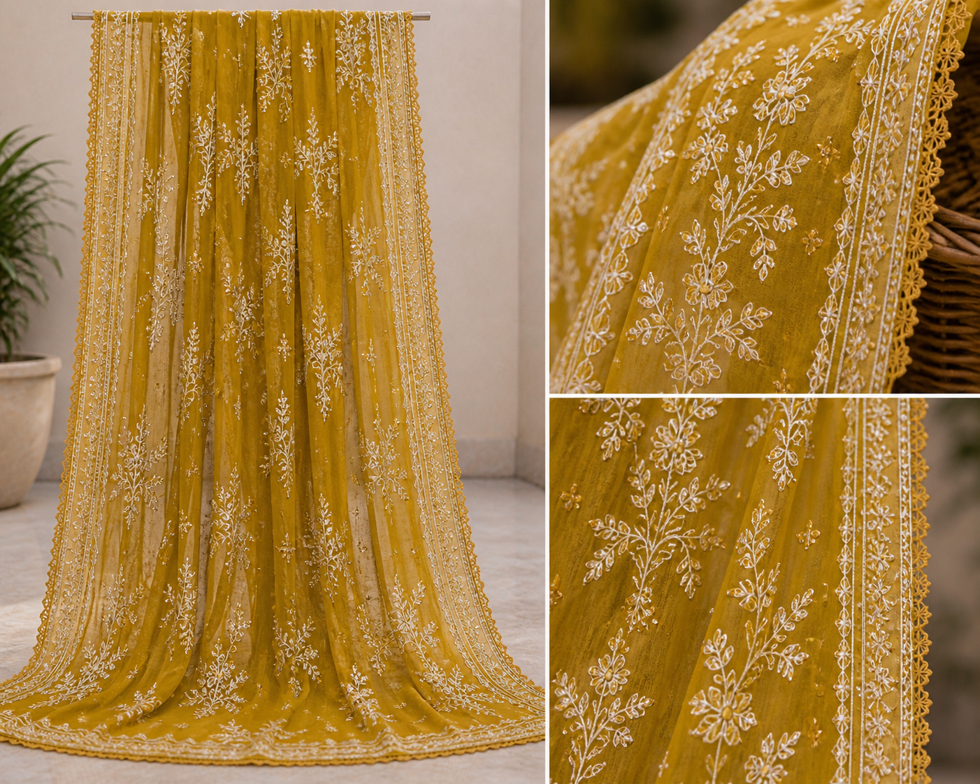 ZAROORI Mustard Gold Cotton Embroidered Pakistani 3-Piece Suit – Ivory Thread Work with Embroidered Dupatta | Article No: ZR-622 ZAROORI