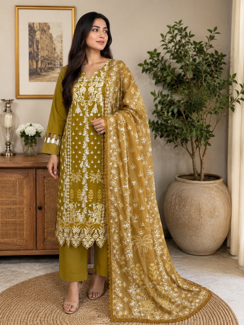 ZAROORI Mustard Gold Cotton Embroidered Pakistani 3-Piece Suit – Ivory Thread Work with Embroidered Dupatta | Article No: ZR-622 ZAROORI