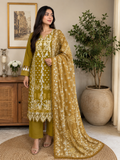 ZAROORI Mustard Gold Cotton Embroidered Pakistani 3-Piece Suit – Ivory Thread Work with Embroidered Dupatta | Article No: ZR-622 ZAROORI
