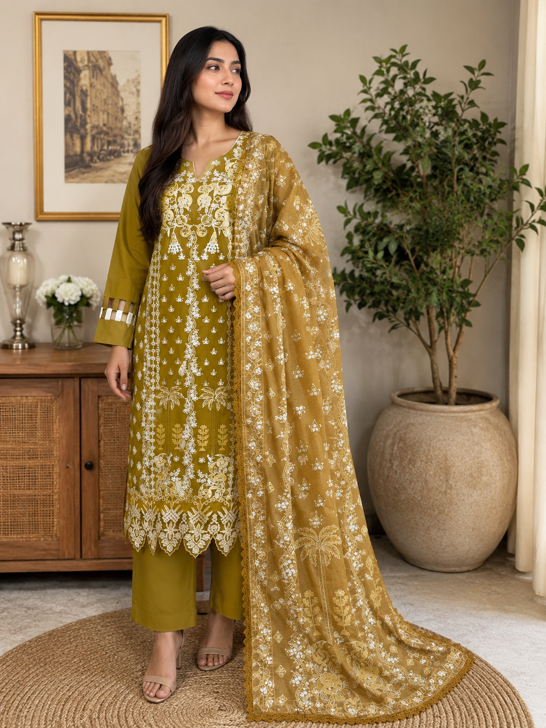 ZAROORI Mustard Gold Cotton Embroidered Pakistani 3-Piece Suit – Ivory Thread Work with Embroidered Dupatta | Article No: ZR-622 ZAROORI