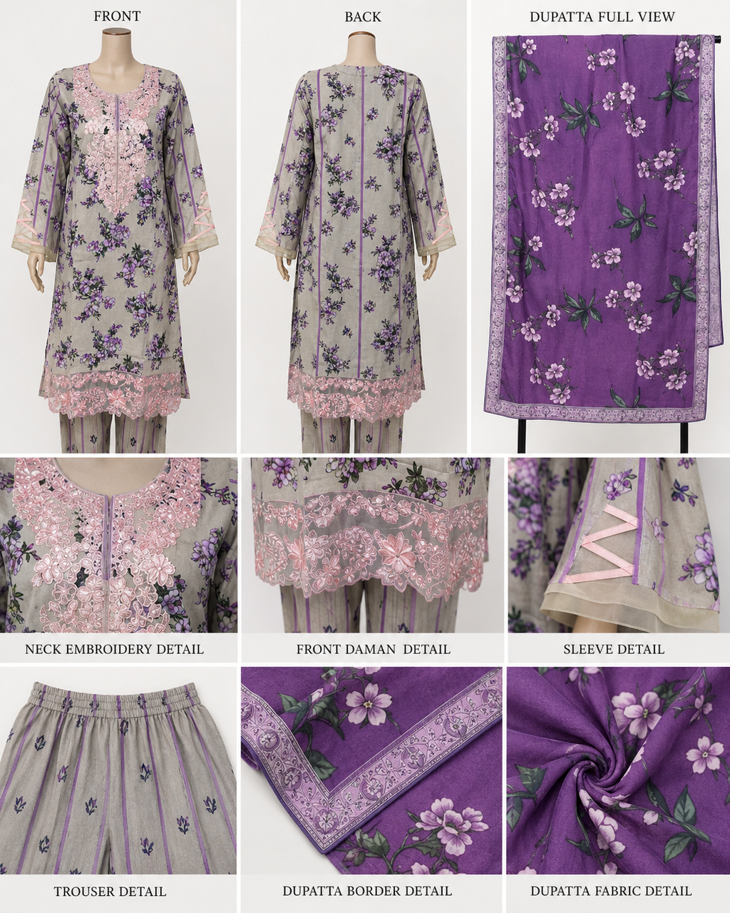 ZAROORI Sand Lilac Cotton Printed Pakistani 3-Piece Suit – Floral Print with Contrast Purple Dupatta | Article No: ZR-847 ZAROORI