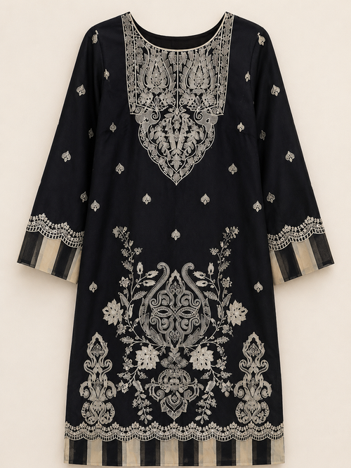 ZAROORI Classic Noir Cotton Embroidered Pakistani 3-Piece Suit – Antique Silver Thread Work with Embroidered Dupatta | Article No: ZR-118 ZAROORI