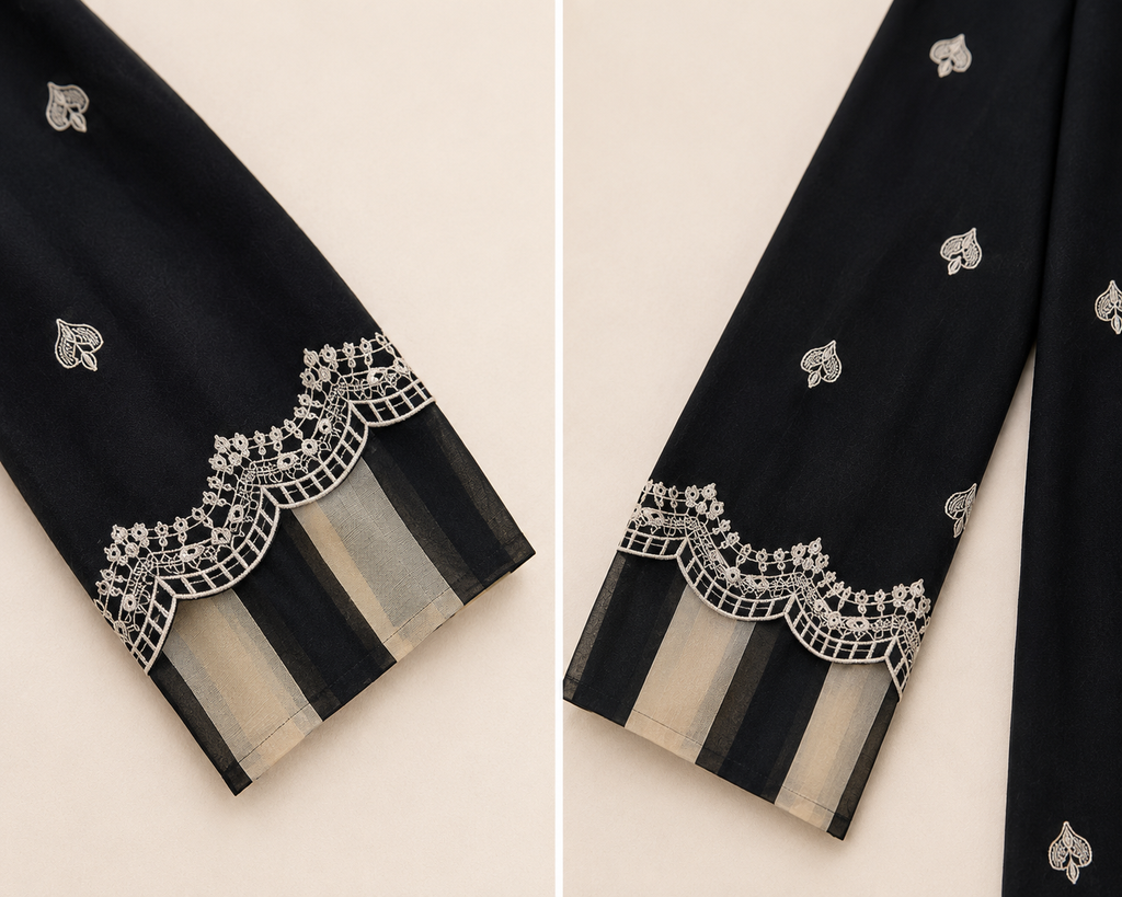 ZAROORI Classic Noir Cotton Embroidered Pakistani 3-Piece Suit – Antique Silver Thread Work with Embroidered Dupatta | Article No: ZR-118 ZAROORI