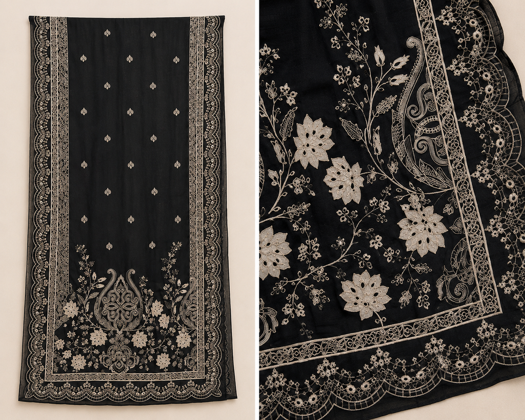 ZAROORI Classic Noir Cotton Embroidered Pakistani 3-Piece Suit – Antique Silver Thread Work with Embroidered Dupatta | Article No: ZR-118 ZAROORI