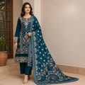 ZAROORI Deep Teal Cotton Embroidered Pakistani 3-Piece Suit – Multicolor Thread Work with Printed Dupatta | Article No: ZR-107 ZAROORI