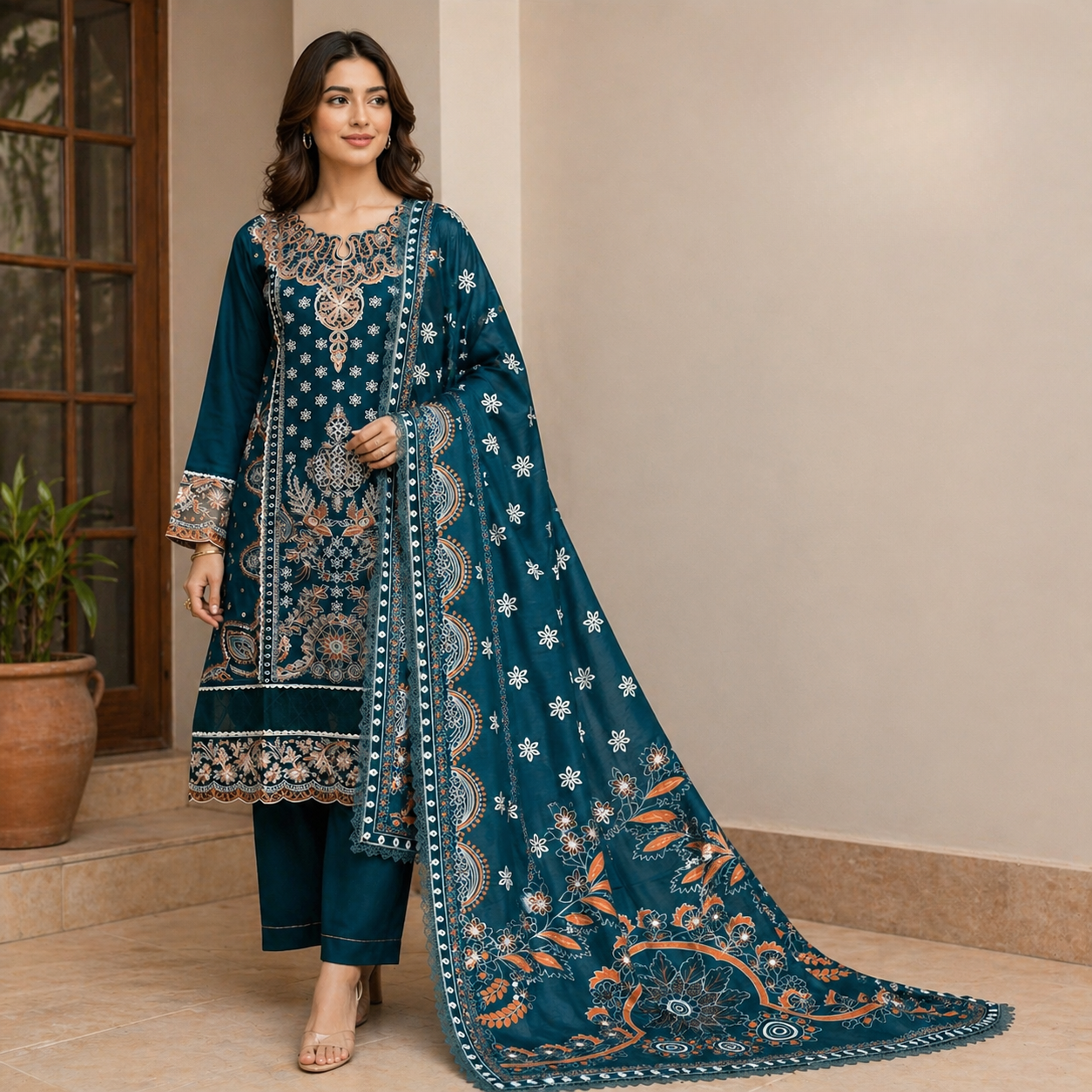 ZAROORI Deep Teal Cotton Embroidered Pakistani 3-Piece Suit – Multicolor Thread Work with Printed Dupatta | Article No: ZR-107 ZAROORI