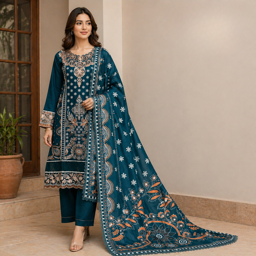 ZAROORI Deep Teal Cotton Embroidered Pakistani 3-Piece Suit – Multicolor Thread Work with Printed Dupatta | Article No: ZR-107 ZAROORI