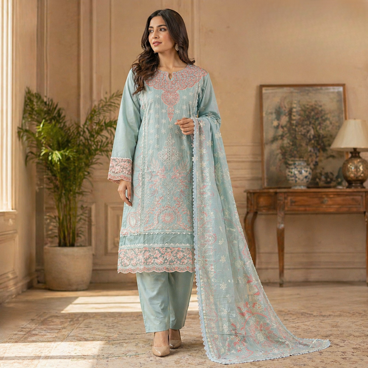 ZAROORI Aqua Mist Cotton Embroidered Pakistani 3-Piece Suit – Blush Pink & Ivory Thread Work with Embroidered Dupatta | Article No: ZR-561 ZAROORI