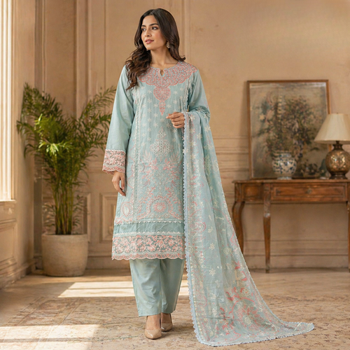ZAROORI Aqua Mist Cotton Embroidered Pakistani 3-Piece Suit – Blush Pink & Ivory Thread Work with Embroidered Dupatta | Article No: ZR-561 ZAROORI