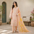 ZAROORI Blush Peach Cotton Embroidered Pakistani 3-Piece Suit – Pastel Multicolor Thread Work with Printed Dupatta | Article No: ZR-842 ZAROORI