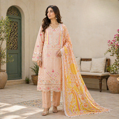 ZAROORI Blush Peach Cotton Embroidered Pakistani 3-Piece Suit – Pastel Multicolor Thread Work with Printed Dupatta | Article No: ZR-842 ZAROORI