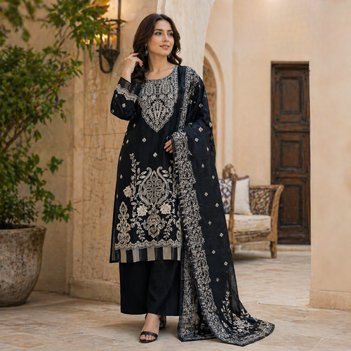ZAROORI Classic Noir Cotton Embroidered Pakistani 3-Piece Suit – Antique Silver Thread Work with Embroidered Dupatta | Article No: ZR-118 ZAROORI