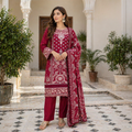 ZAROORI Crimson Maroon Cotton Embroidered Pakistani 3-Piece Suit – Ivory Thread Work with Printed Dupatta | Article No: ZR-104 ZAROORI