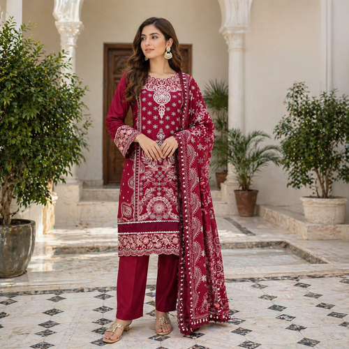 ZAROORI Crimson Maroon Cotton Embroidered Pakistani 3-Piece Suit – Ivory Thread Work with Printed Dupatta | Article No: ZR-104 ZAROORI