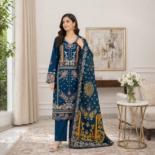 ZAROORI Deep Teal Cotton Embroidered Pakistani 3-Piece Suit – Multicolor Thread Work with Printed Dupatta ZAROORI