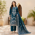 ZAROORI Emerald Teal Cotton Embroidered Pakistani 3-Piece Suit – Silver Ivory Thread Work with Embroidered Dupatta | Article No: ZR-907 ZAROORI