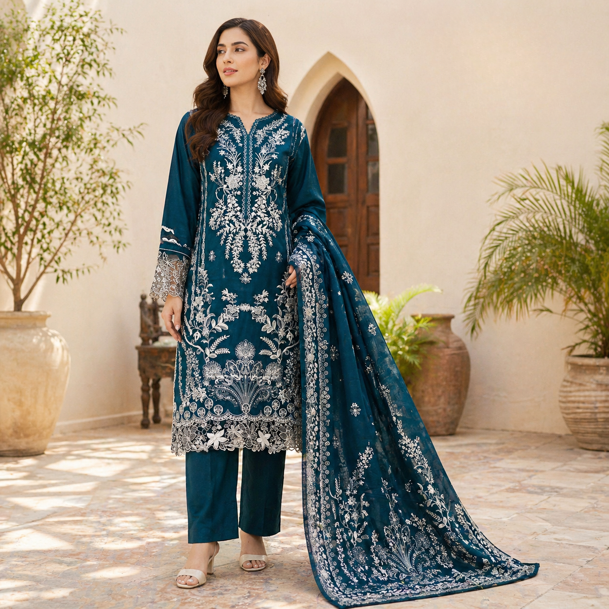 ZAROORI Emerald Teal Cotton Embroidered Pakistani 3-Piece Suit – Silver Ivory Thread Work with Embroidered Dupatta | Article No: ZR-907 ZAROORI