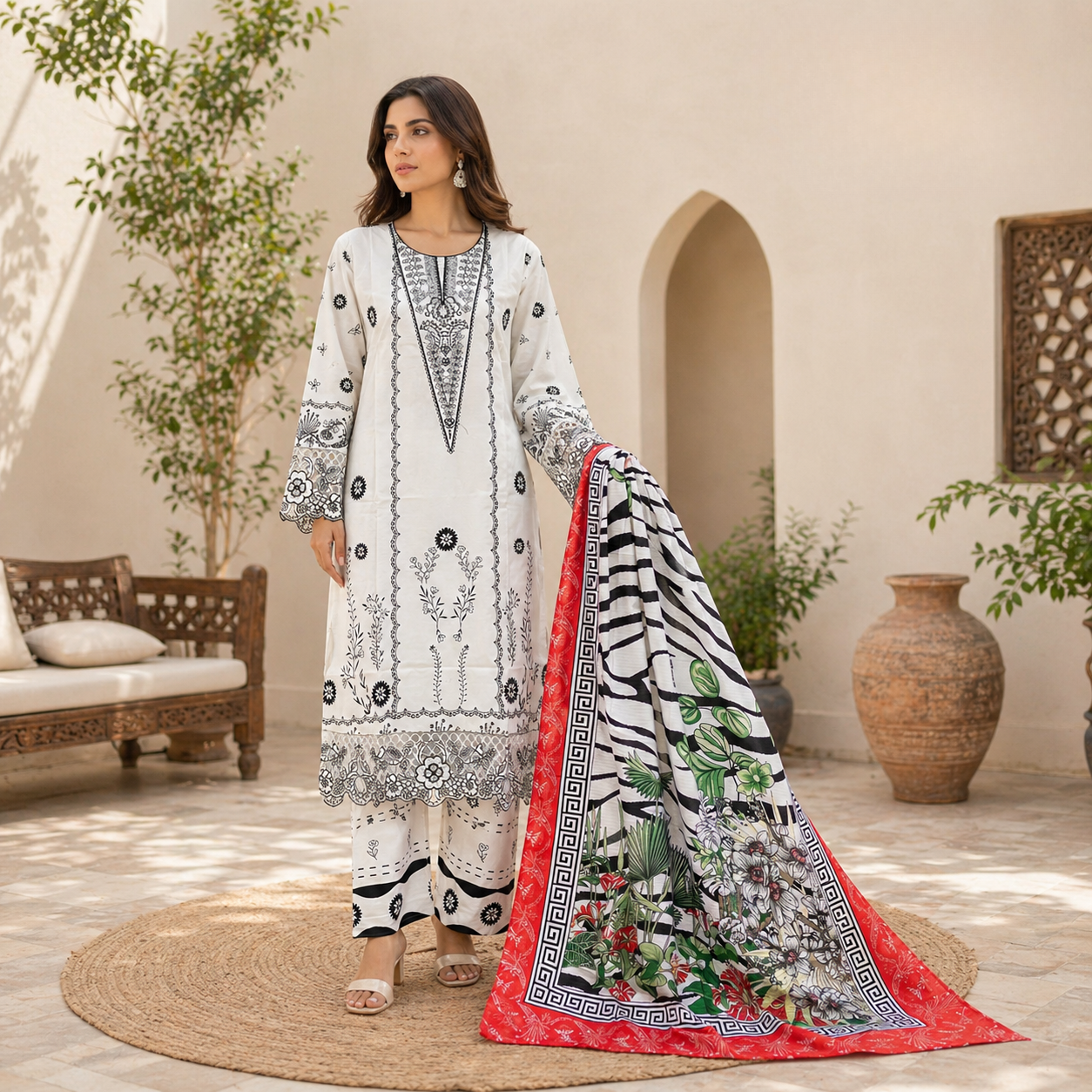 ZAROORI Ivory Noir Cotton Printed Pakistani 3-Piece Suit – Monochrome Design with Statement Printed Dupatta | Article No: ZR-691 ZAROORI