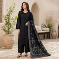 ZAROORI Jet Black Cotton Embroidered Pakistani 3-Piece Suit – Tone-on-Tone Black Thread Work with Embroidered Dupatta | Article No: ZR-128 ZAROORI