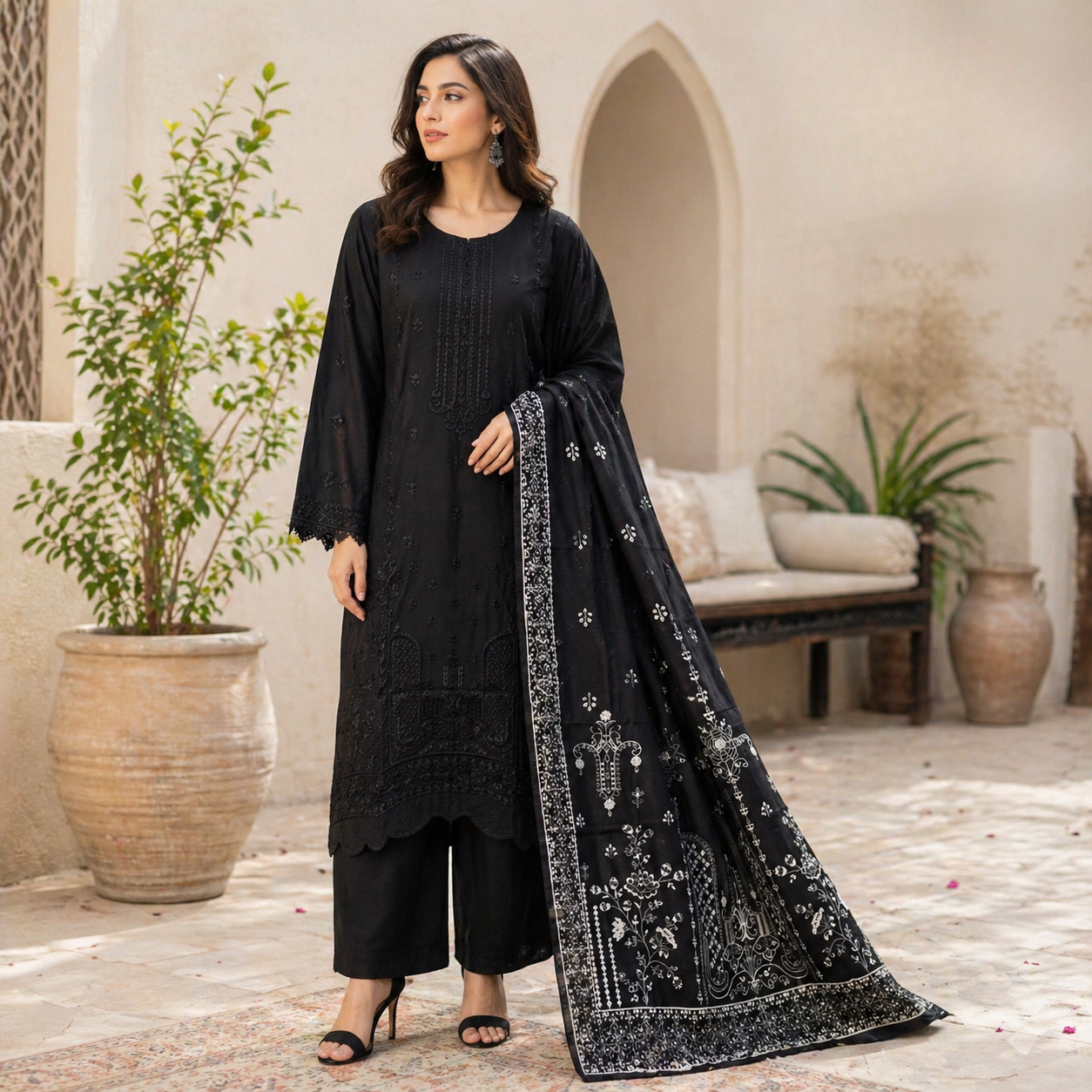 ZAROORI Jet Black Cotton Embroidered Pakistani 3-Piece Suit – Tone-on-Tone Black Thread Work with Embroidered Dupatta | Article No: ZR-128 ZAROORI