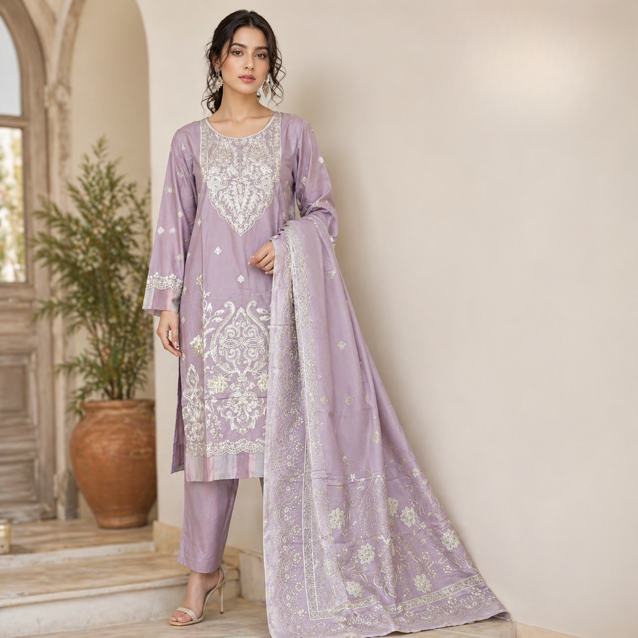 ZAROORI Lilac Mist Cotton Embroidered Pakistani 3-Piece Suit – Ivory Thread Work with Embroidered Dupatta | Article No: ZR-218 ZAROORI
