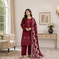 ZAROORI Maroon Cotton Embroidered Pakistani 3-Piece Suit – Ivory Thread Work with Printed Dupatta | Article No: ZR-103 ZAROORI