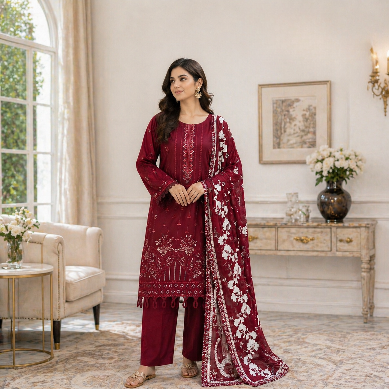 ZAROORI Maroon Cotton Embroidered Pakistani 3-Piece Suit – Ivory Thread Work with Printed Dupatta | Article No: ZR-103 ZAROORI