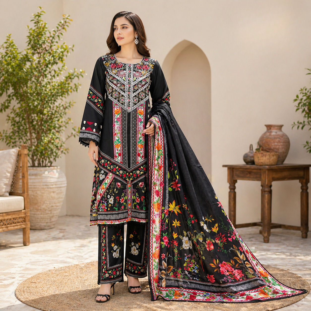 ZAROORI Midnight Black Cotton Embroidered Pakistani 3-Piece Suit – Multicolor Thread Work with Printed Dupatta | Article No: ZR-539 ZAROORI