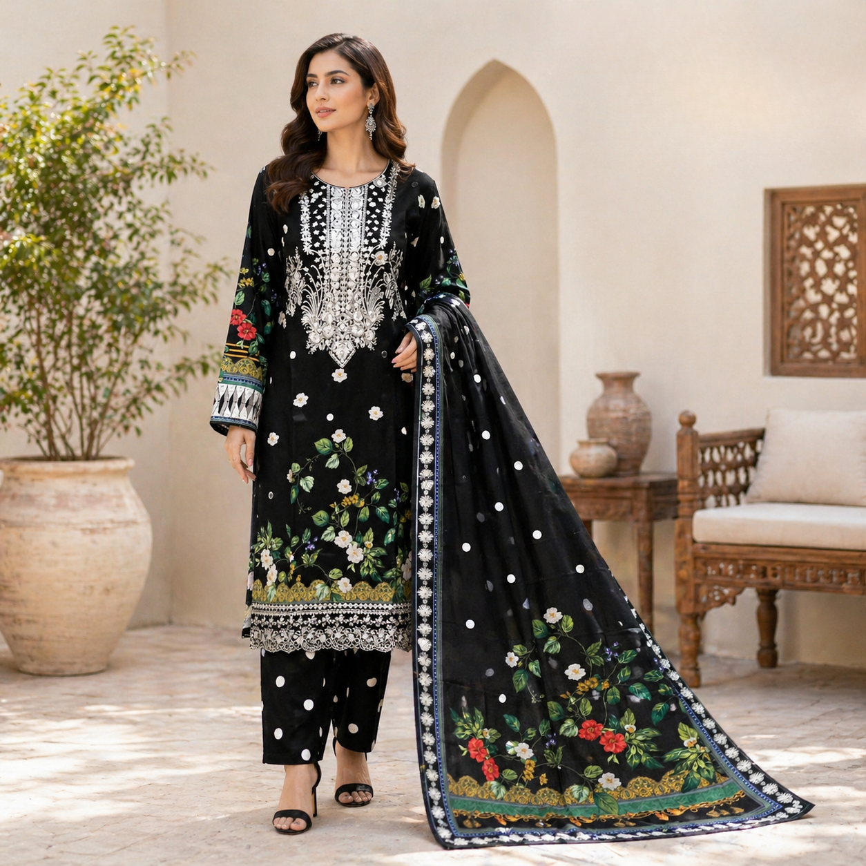 ZAROORI Noir Black Cotton Embroidered Pakistani 3-Piece Suit – Ivory Thread Work with Printed Dupatta | Article No: ZR-764