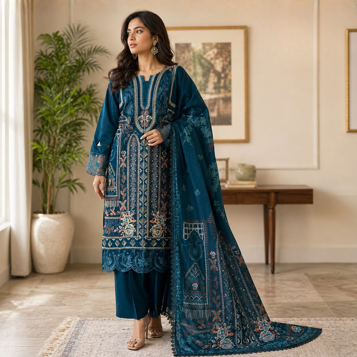 ZAROORI Ocean Teal Cotton Embroidered Pakistani 3-Piece Suit – Multicolor Thread Work with Printed Dupatta | Article No: ZR-903 ZAROORI