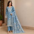ZAROORI Powder Blue Cotton Embroidered Pakistani 3-Piece Suit – Ivory Thread Work with Embroidered Dupatta | Article No: ZR-106 ZAROORI