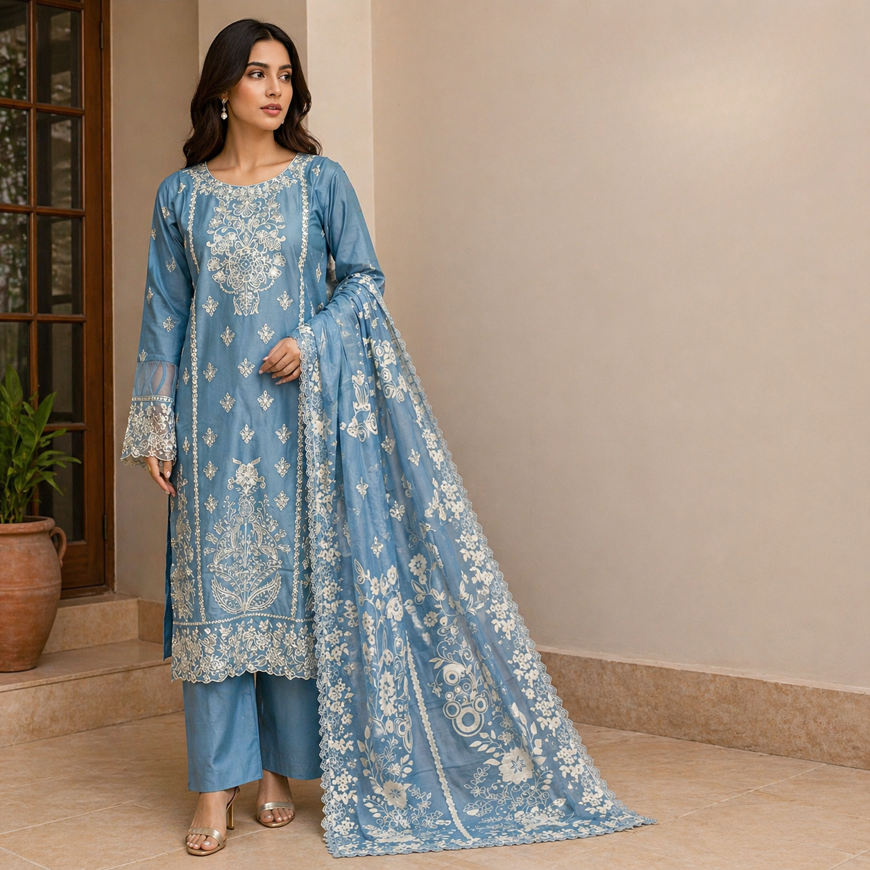 ZAROORI Powder Blue Cotton Embroidered Pakistani 3-Piece Suit – Ivory Thread Work with Embroidered Dupatta | Article No: ZR-106 ZAROORI