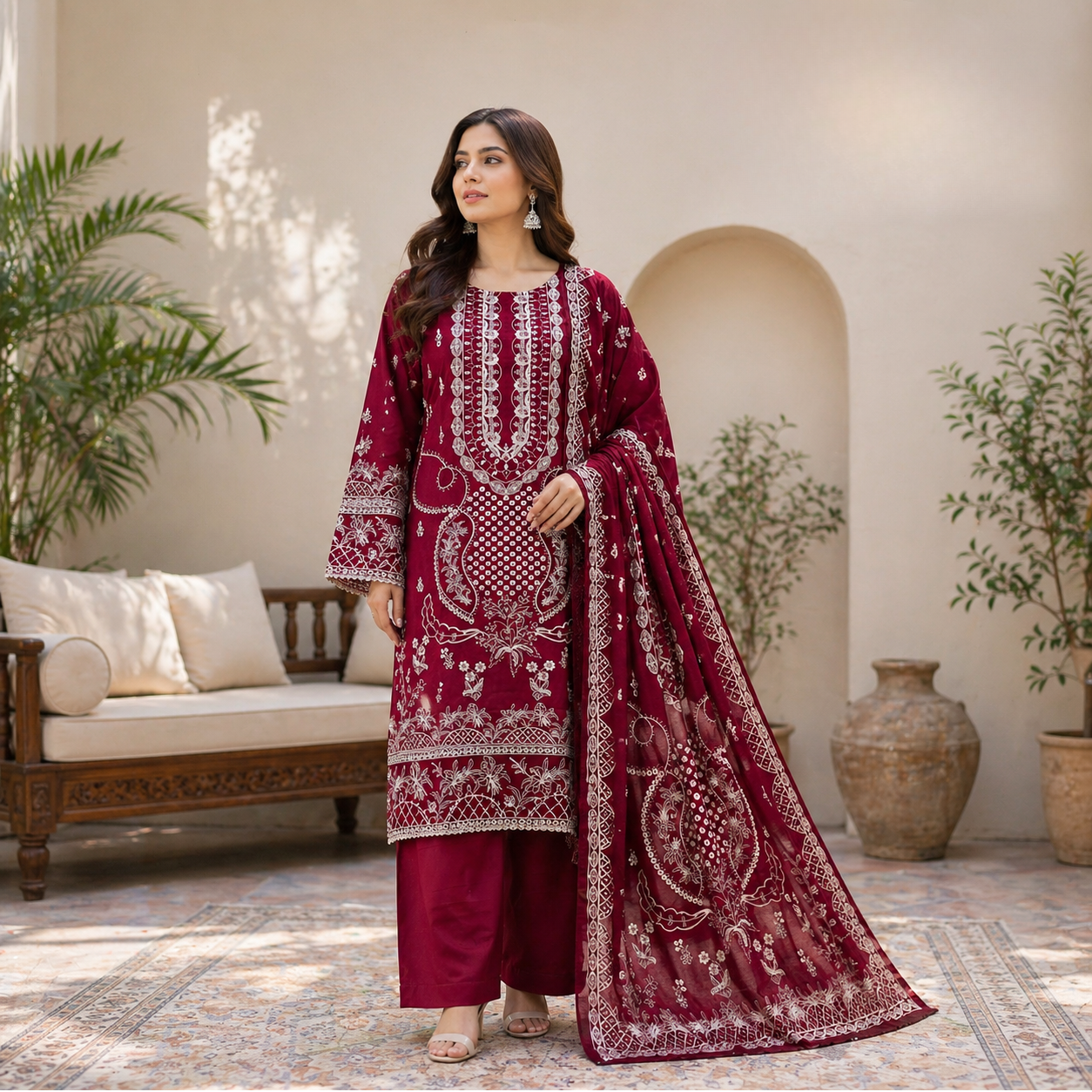 ZAROORI Ruby Crimson Cotton Embroidered Pakistani 3-Piece Suit – Antique Gold Thread Work with Embroidered Dupatta | Article No: ZR-673 ZAROORI