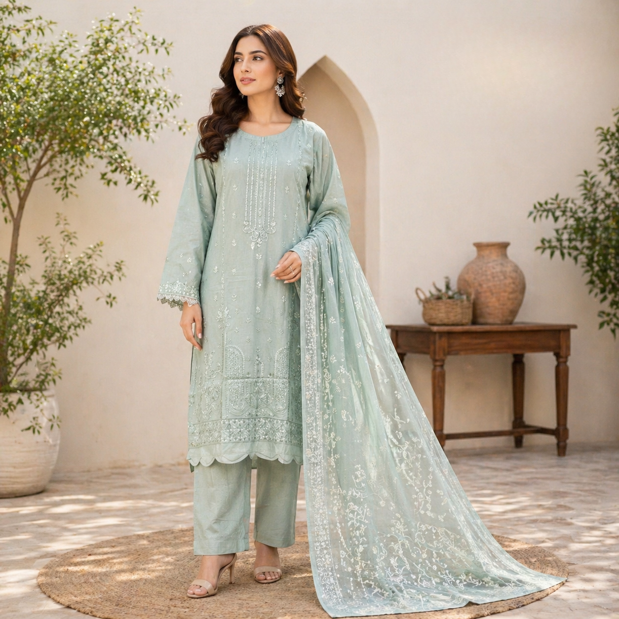 ZAROORI Sage Mint Cotton Embroidered Pakistani 3-Piece Suit – Ivory Thread Work with Embroidered Dupatta | Article No: ZR-482 ZAROORI