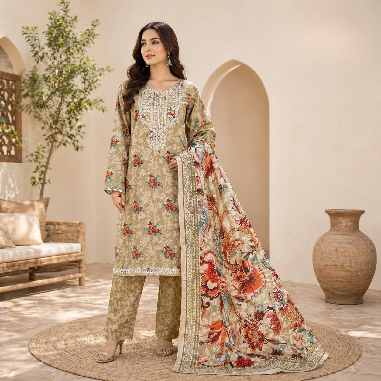 ZAROORI Sand Beige Cotton Printed Pakistani 3-Piece Suit – Multicolor Floral Print with Statement Dupatta | Article No: ZR-356 ZAROORI