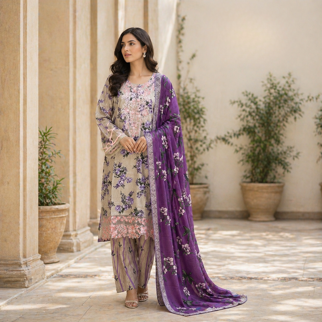 ZAROORI Sand Lilac Cotton Printed Pakistani 3-Piece Suit – Floral Print with Contrast Purple Dupatta | Article No: ZR-847 ZAROORI