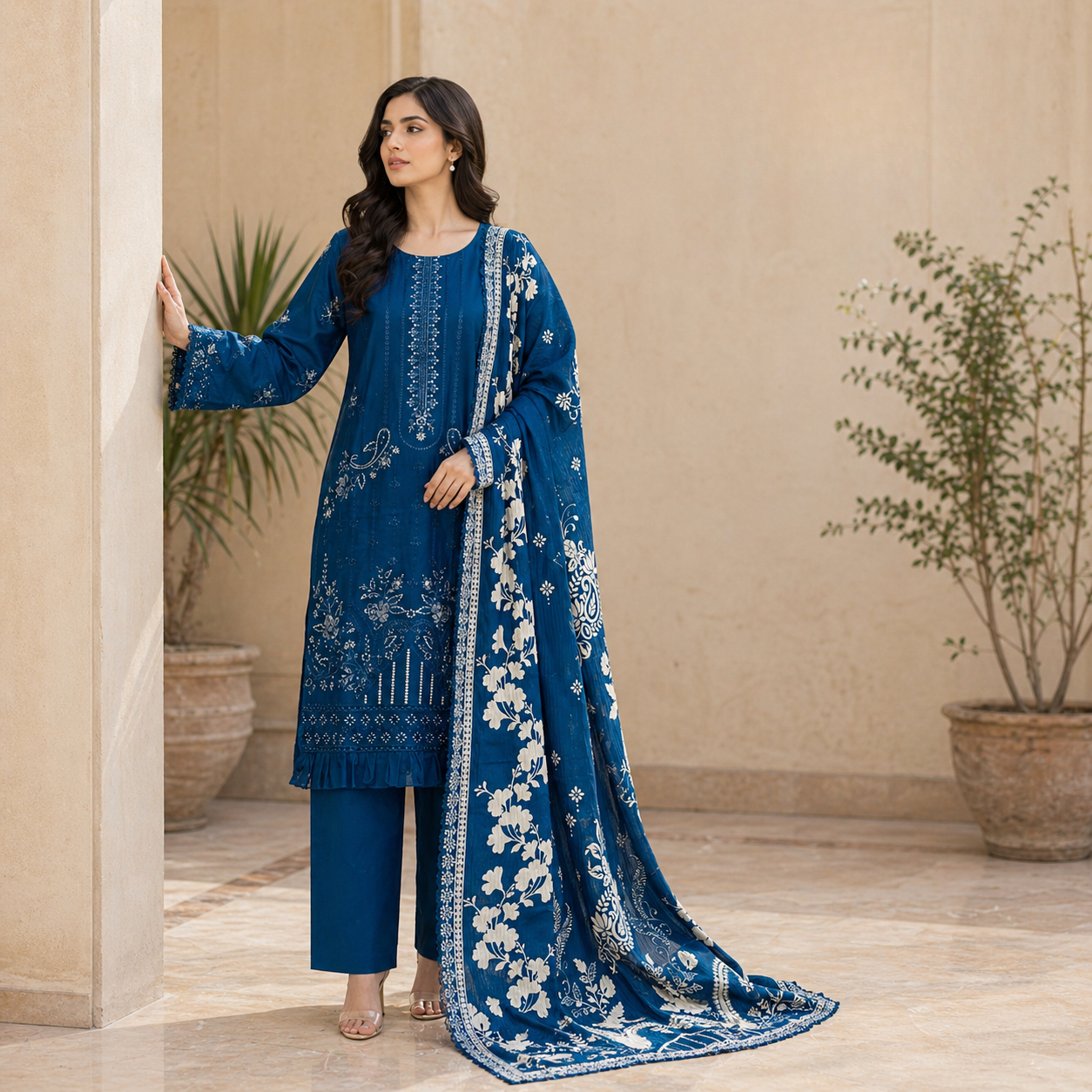 ZAROORI Sapphire Blue Cotton Embroidered Pakistani 3-Piece Suit – Ivory Thread Work with Embroidered Dupatta | Article No: ZR-455 ZAROORI