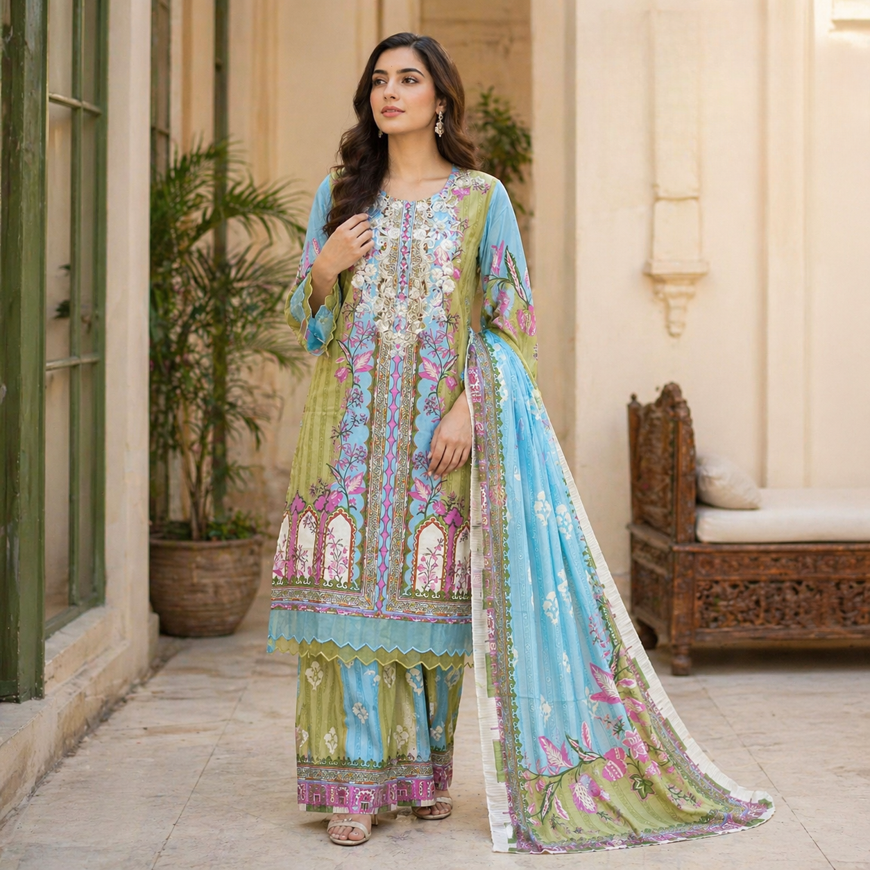 ZAROORI Sky Bloom Cotton Printed Pakistani 3-Piece Suit – Multicolor Floral Design with Statement Dupatta | Article No: ZR-714 ZAROORI