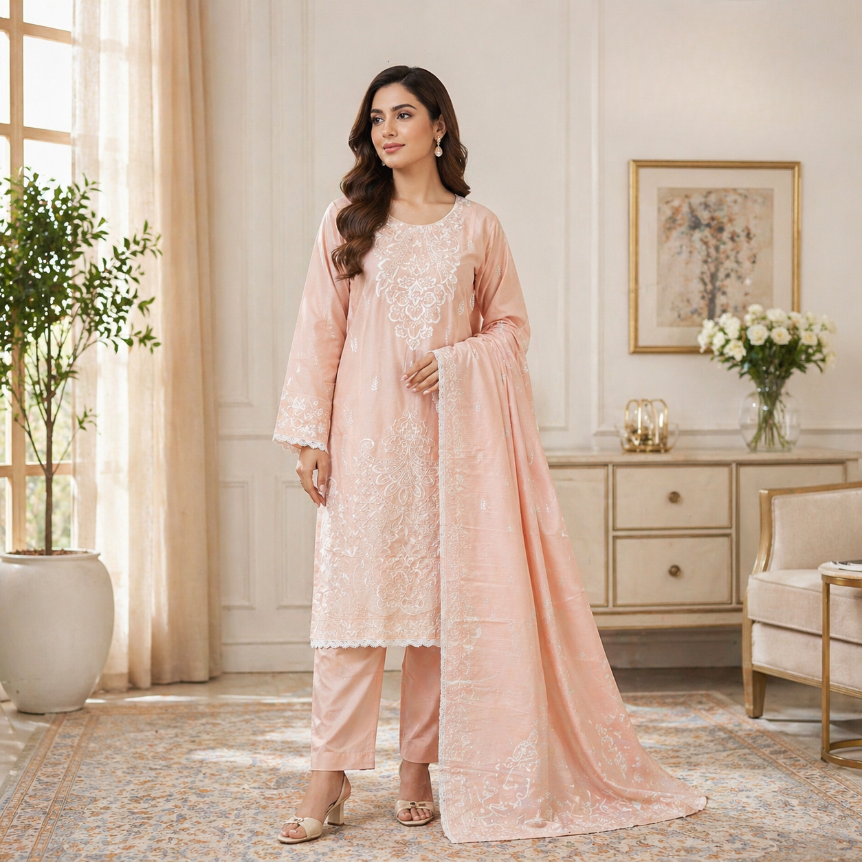 ZAROORI Soft Peach Cotton Embroidered Pakistani 3-Piece Suit – White Thread Work ZAROORI